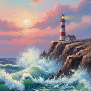 Oil Painting of Waves Crashing with a Lighthouse