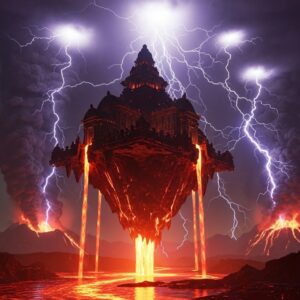 Reflective Lava Under the Floating Rock